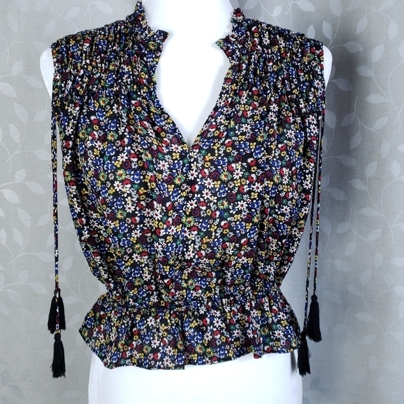 Derek Lam 100% Silk Dark Floral Tassel Sleeveless Blouse 10 Crosby Black Red 4 - Picture 2 of 15